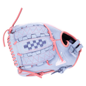 Side view of a light blue baseball glove with pink lacing and a checkered web detail.