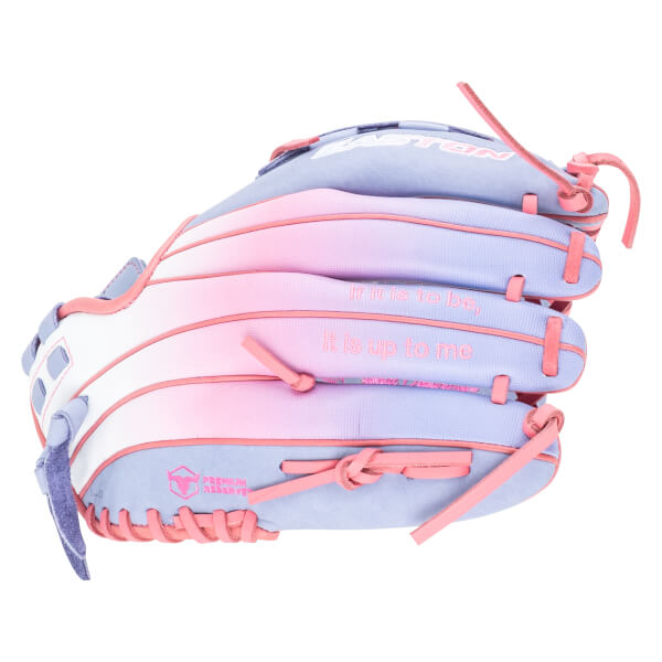 Side view of a baseball glove with a pink and purple gradient, featuring "If it is to be, It is up to me" text.