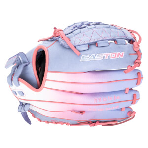 Front view of a lavender and pink Easton baseball glove with "EASTON" logo and embroidered text.