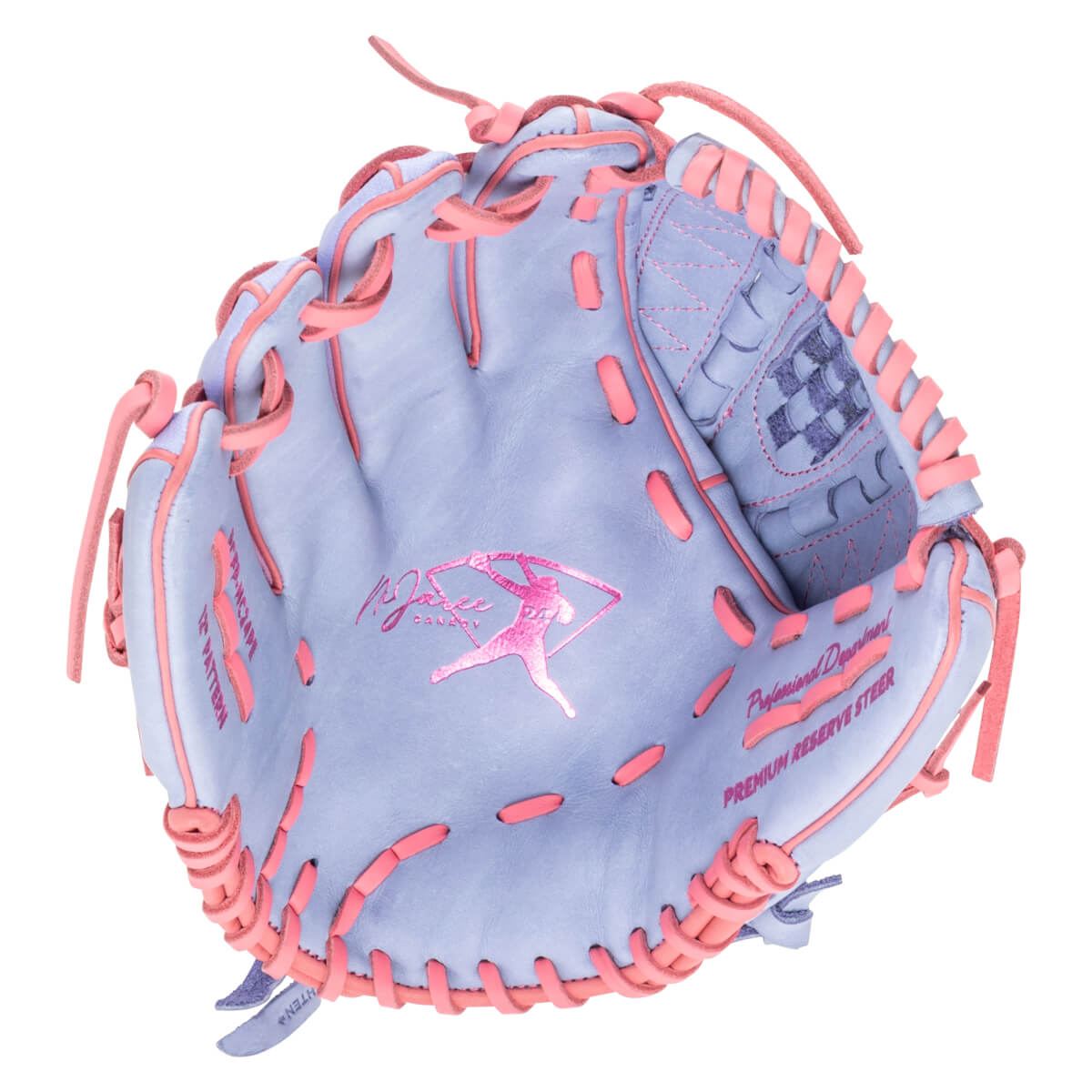 Top-down view of a light purple softball glove with pink lacing and a pink logo of a batter.