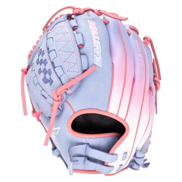 Top-down view of a light purple and pink Easton baseball glove with "EASTON" logo and embroidered text.