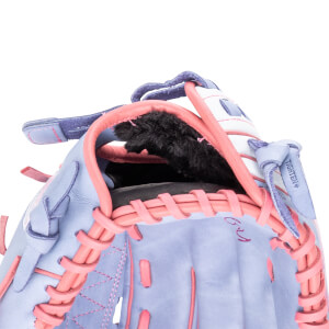Close-up of a purple baseball glove with pink lacing and a black fuzzy interior, showing the word "TIGHTEN".