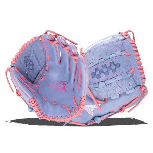 Close-up of a light blue softball glove with pink stitching and lacing, showing the "Nocci" logo and "PREMIUM RESERVE STEER" text.