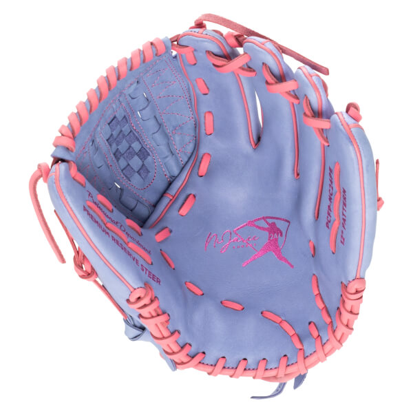 Top-down view of a purple softball glove with pink lacing, showing the "Nokona" logo and "12" PATTERN" text.