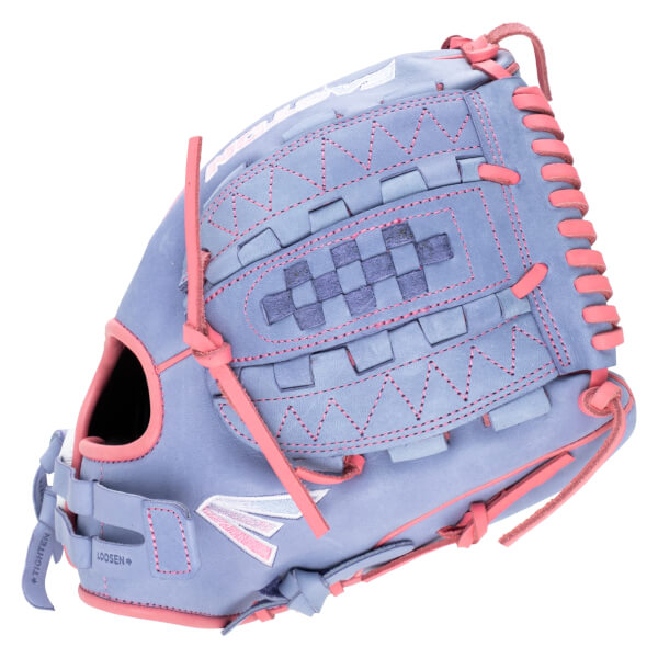 Side view of a blue and pink baseball glove with a checkered web and "EASTON" logo.
