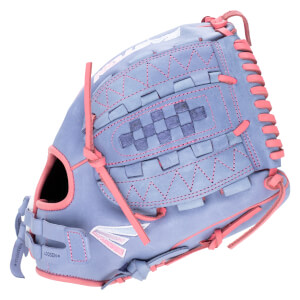 Side view of a blue and pink baseball glove with a checkered web and "EASTON" logo.