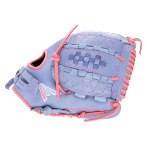 Side view of a purple baseball glove with pink stitching and laces, featuring a woven pocket detail and an Eastin logo.