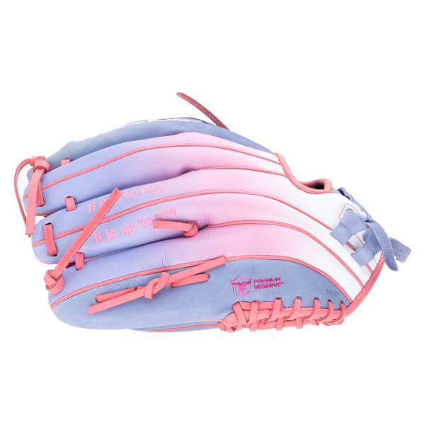 Side view of a pink and purple baseball glove with "It is up to me" text and a bull logo.