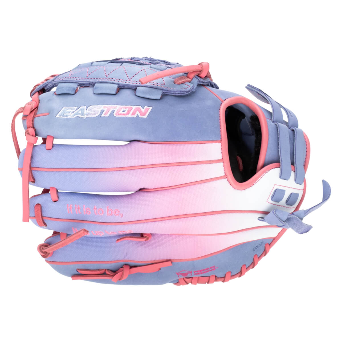 Front view of a lavender and pink Easton baseball glove with "EASTON" logo and "If it is to be," text.