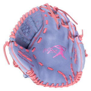 Top-down view of a purple and pink baseball glove with "Professional Department" and "PREMIUM RESERVE STEER" text.