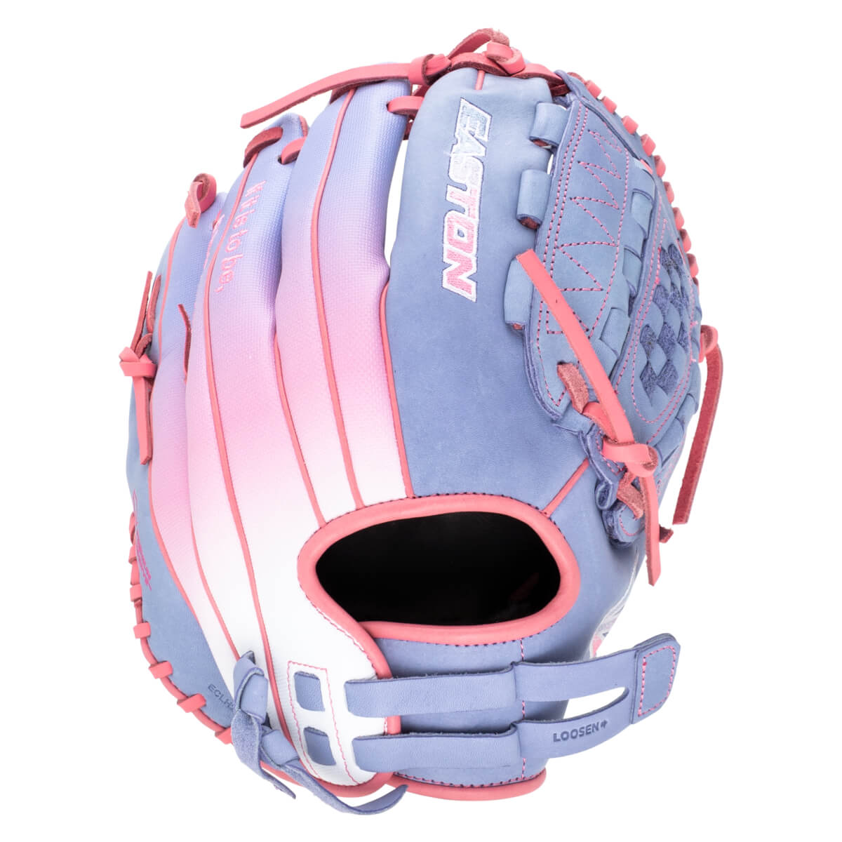 Front view of a purple and pink Easton baseball glove with "EASTON" text.
