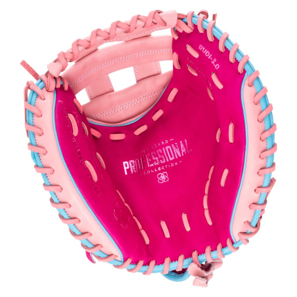 Top-down view of a pink and blue baseball glove with "PROFESSIONAL COLLECTION" and "RUDI-3.0" visible.