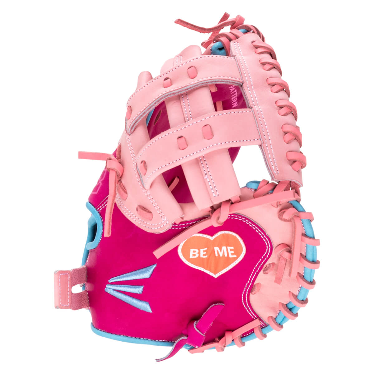 Front view of a pink and blue baseball glove with "BE ME" inside a heart.