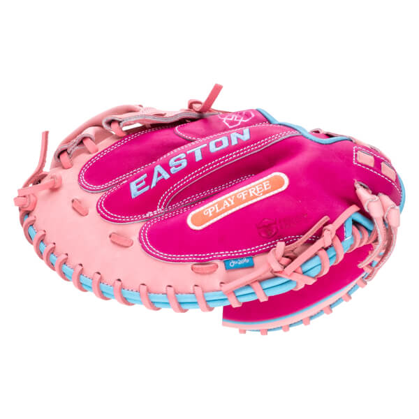 Front view of a pink and light pink Easton softball glove with blue lacing and "EASTON" text.