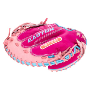 Front view of a pink and light pink Easton softball glove with blue lacing and "EASTON" text.