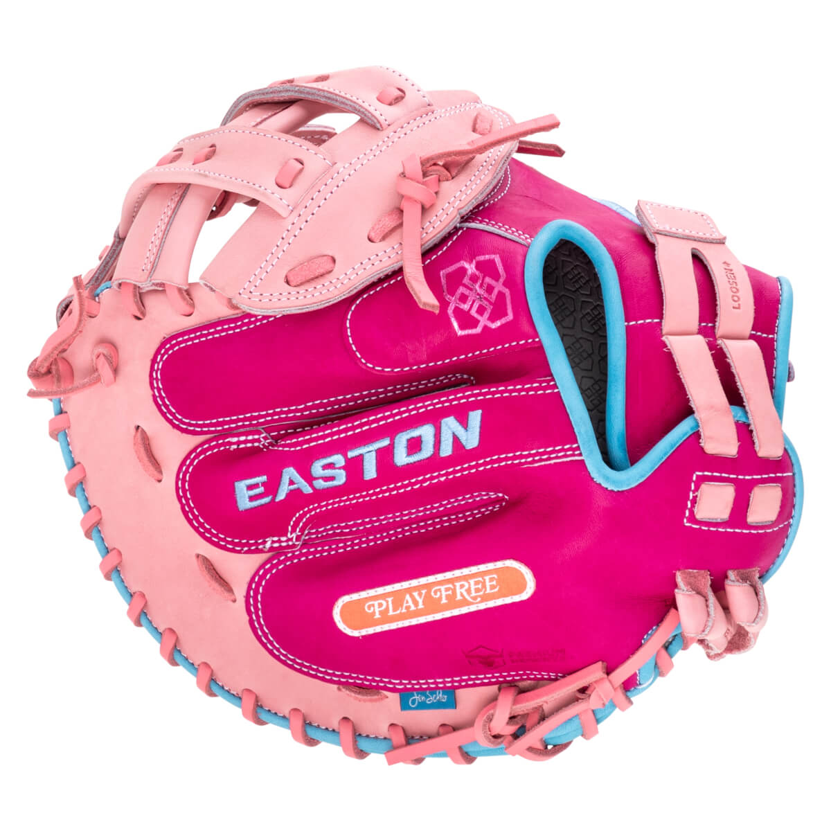 Front view of a pink and magenta Easton baseball glove with blue lacing and "PLAY FREE" text.