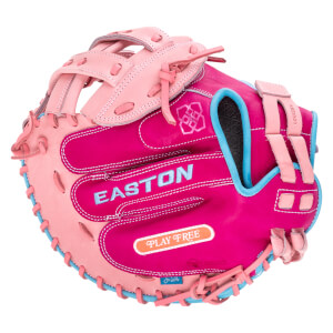 Front view of a pink and magenta Easton baseball glove with blue lacing and "PLAY FREE" text.