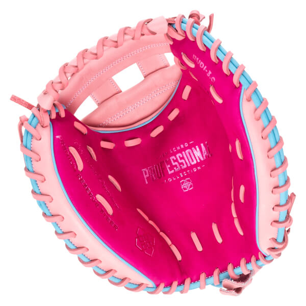 Top-down view of a pink and blue baseball glove with "PROFESSIONAL COLLECTION" embossed on the palm.