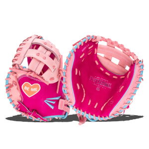 Front view of two pink baseball gloves with blue and pink lacing, one with a heart graphic that says "BE ME".