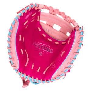 Top-down view of a pink and blue baseball glove with "PROFESSIONAL COLLECTION" text.