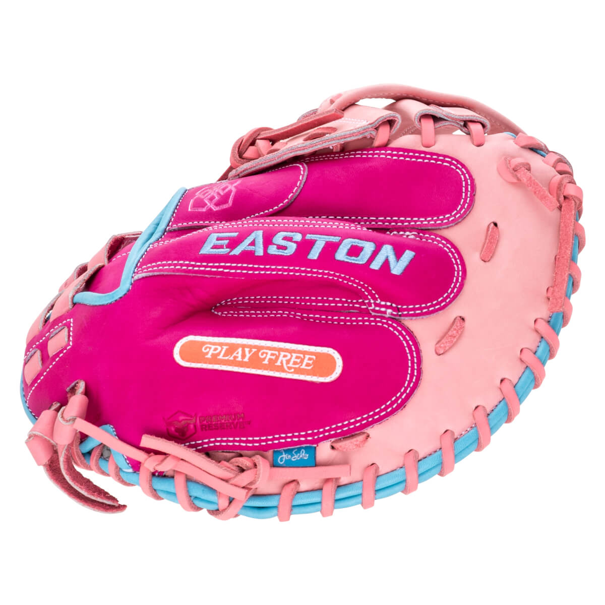 Top-down view of a pink Easton softball glove with blue lacing and "PLAY FREE" text.