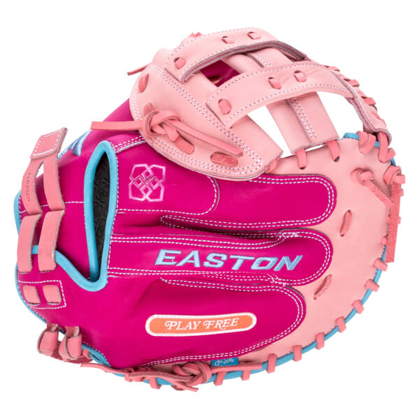 Front view of a pink and magenta Easton baseball glove with "PLAY FREE" text and blue trim.
