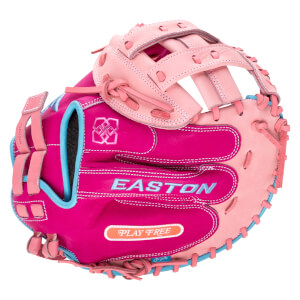 Front view of a pink and magenta Easton baseball glove with "PLAY FREE" text and blue trim.