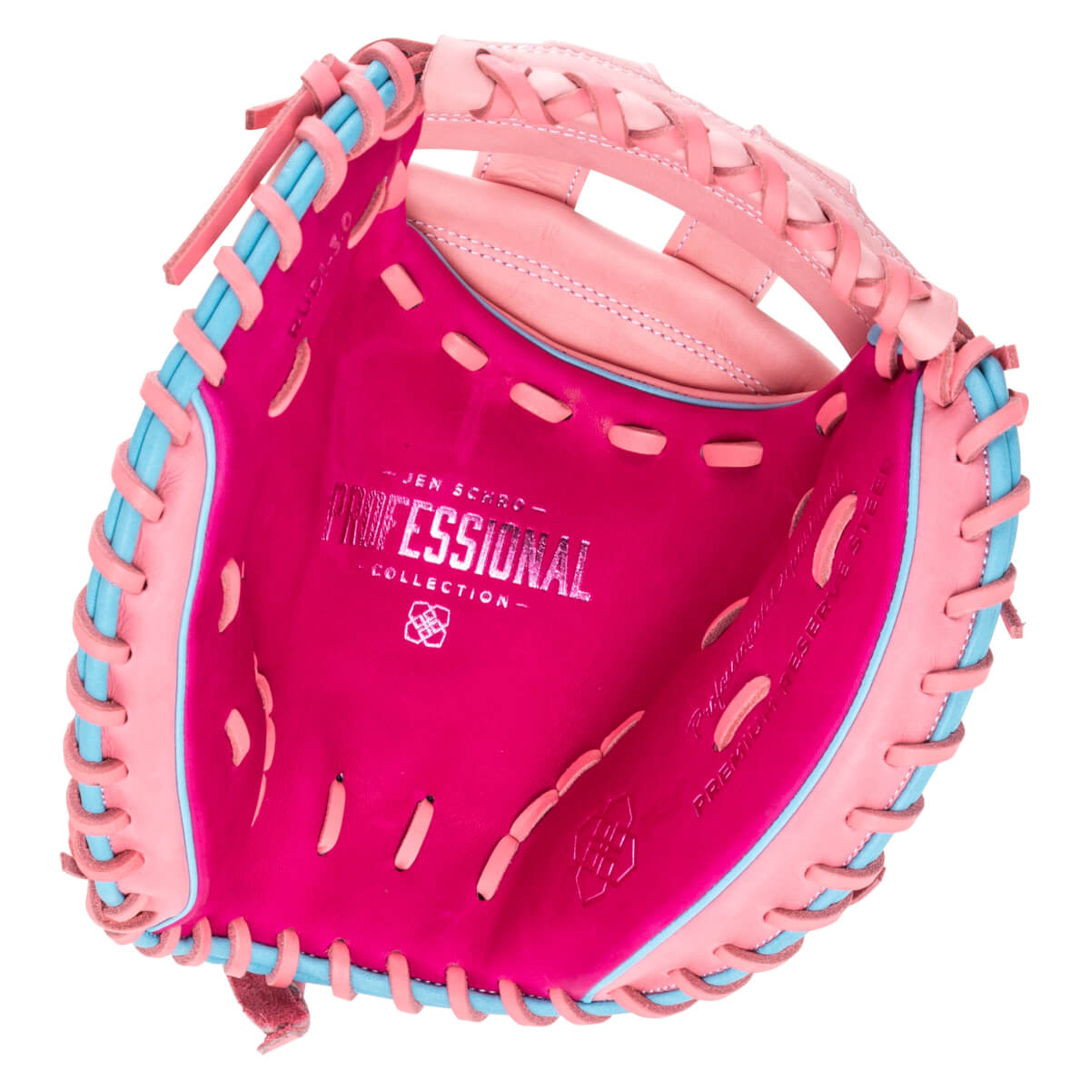 Top-down view of a pink and blue baseball glove with "PROFESSIONAL COLLECTION" embossed on the palm.