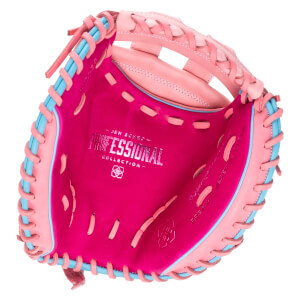 Top-down view of a pink and blue baseball glove with "PROFESSIONAL COLLECTION" embossed on the palm.