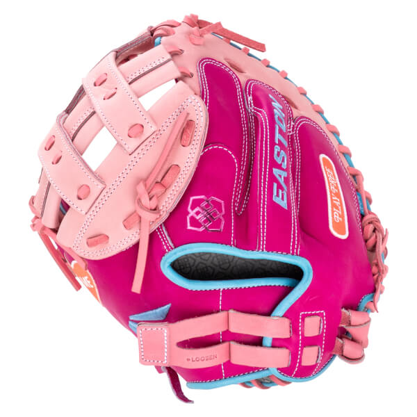 Front view of a pink Easton softball glove with blue trim and "EASTON" text.