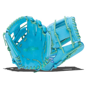 Front view of a bright blue baseball glove with mint green lacing, showing "PROFESSIONAL COLLECTION" text and a wing logo.