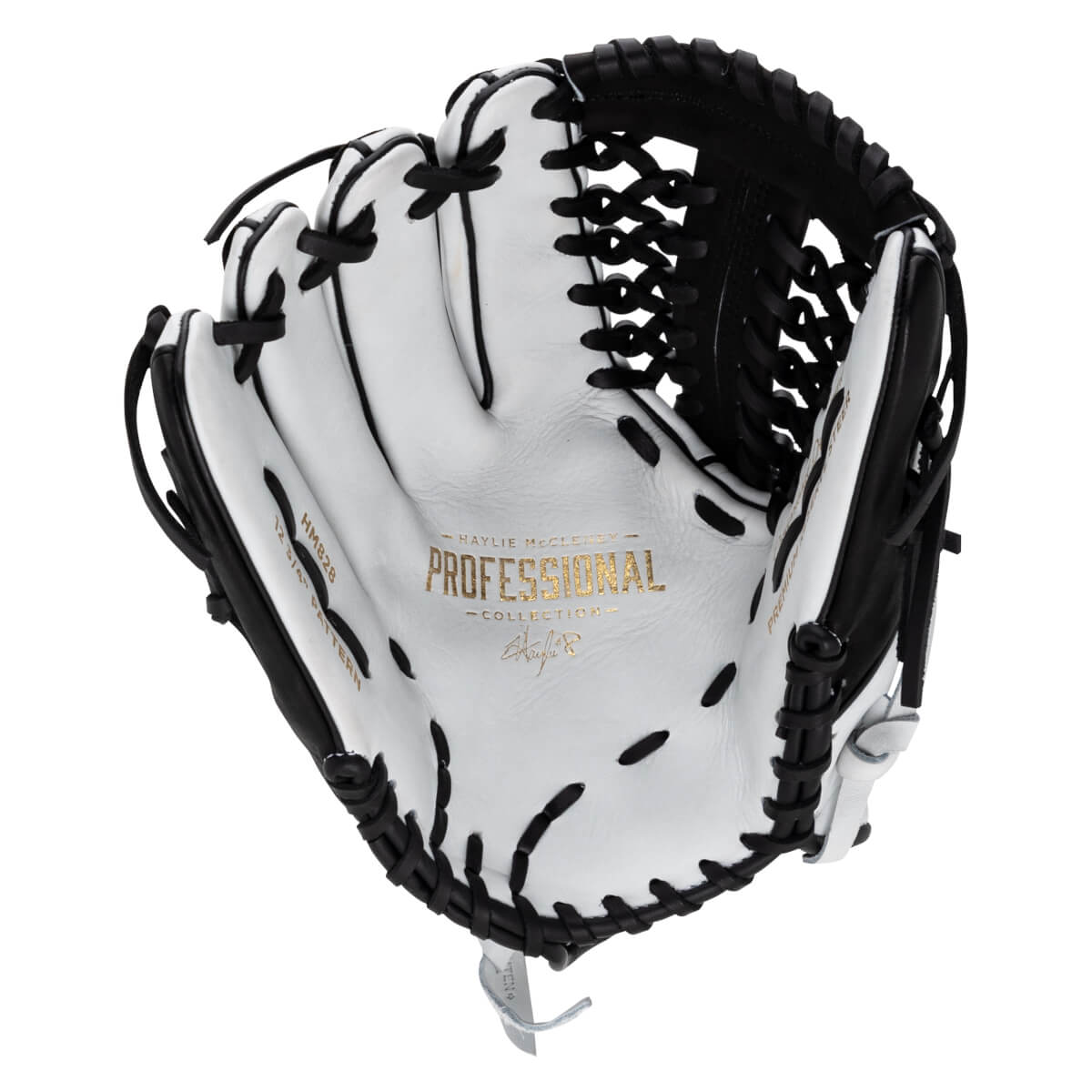 Front view of the white leather palm and black web featuring gold text that reads "HAYLIE MCCLENEY PROFESSIONAL COLLECTION."