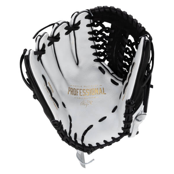 Front view of the white leather palm and black web featuring gold text that reads "HAYLIE MCCLENEY PROFESSIONAL COLLECTION."