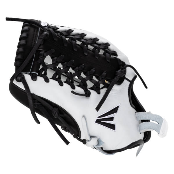 Back view of a white leather softball glove featuring black cross-laced webbing and a large black and white Easton “E” logo on the outer shell.