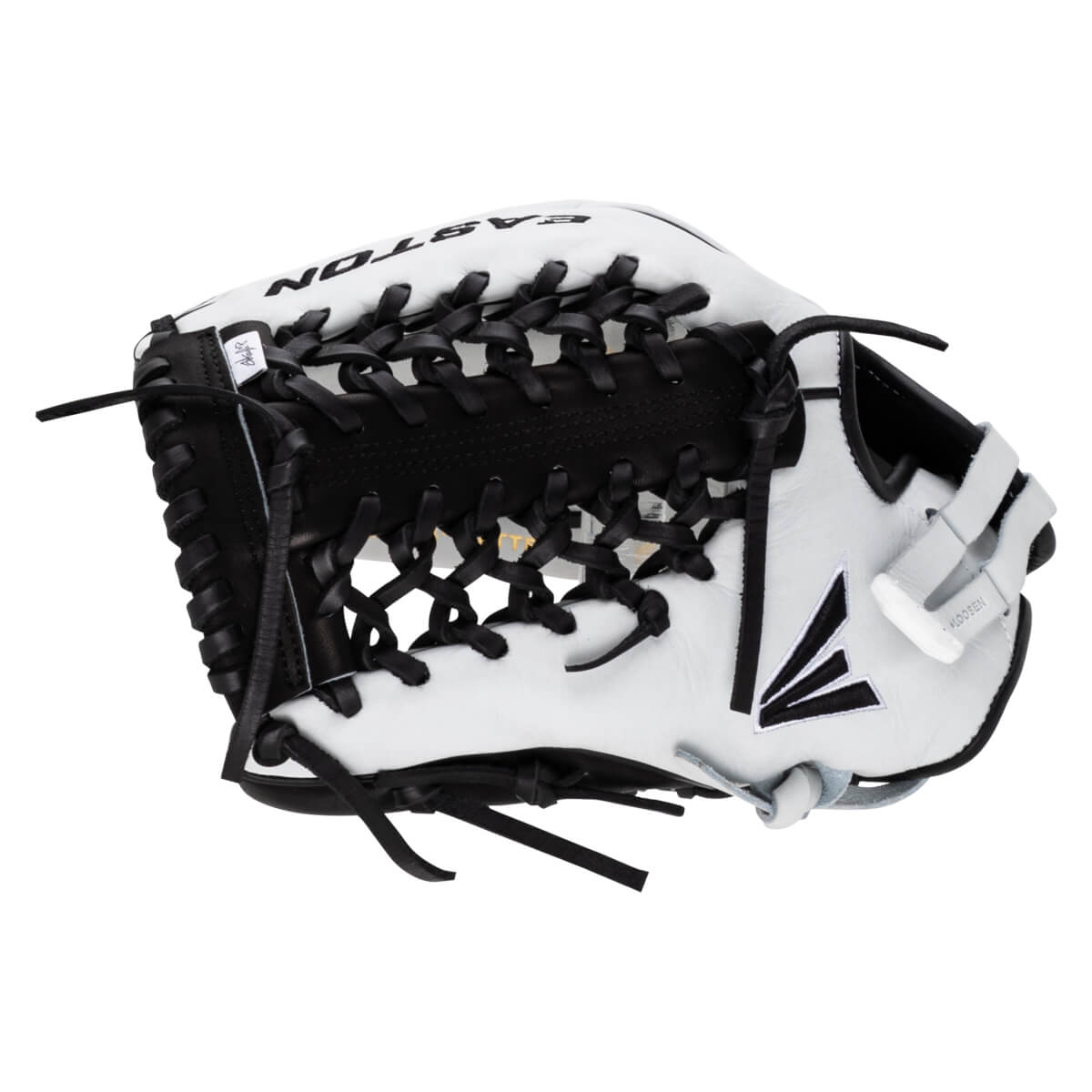 Back view of the white and black softball glove featuring black cross-lacing, the black Easton logo, and "EASTON" printed in black on the white leather finger.