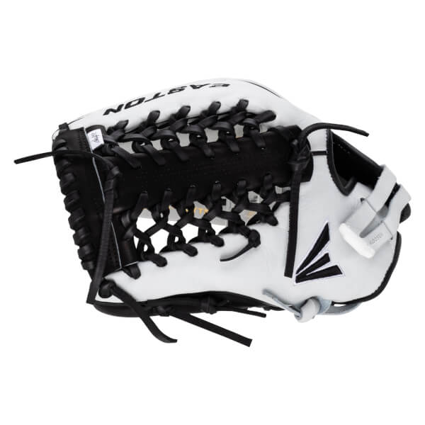 Back view of the white and black softball glove featuring black cross-lacing, the black Easton logo, and "EASTON" printed in black on the white leather finger.