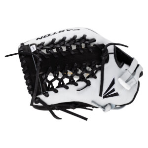 Back view of the white and black softball glove featuring black cross-lacing, the black Easton logo, and "EASTON" printed in black on the white leather finger.