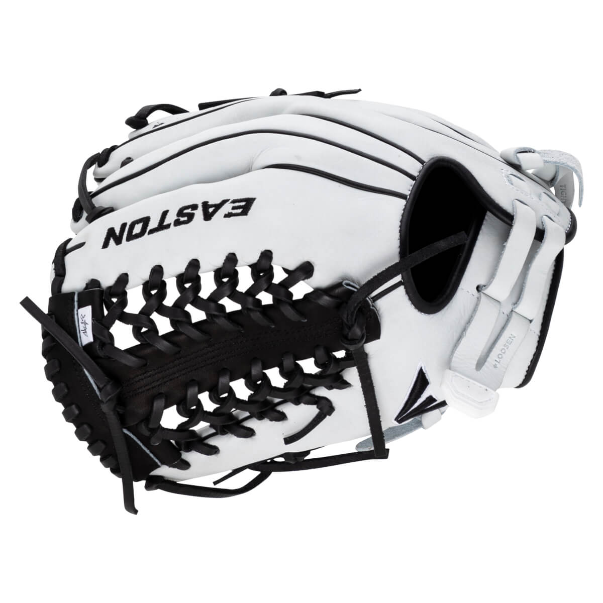 Back view of a white fastpitch softball glove featuring black laces and the black "EASTON" brand name printed across the outer leather shell.