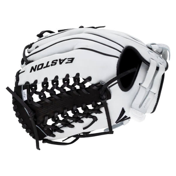 Back view of a white fastpitch softball glove featuring black laces and the black "EASTON" brand name printed across the outer leather shell.