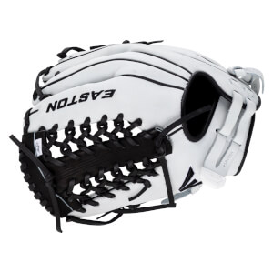 Back view of a white fastpitch softball glove featuring black laces and the black "EASTON" brand name printed across the outer leather shell.