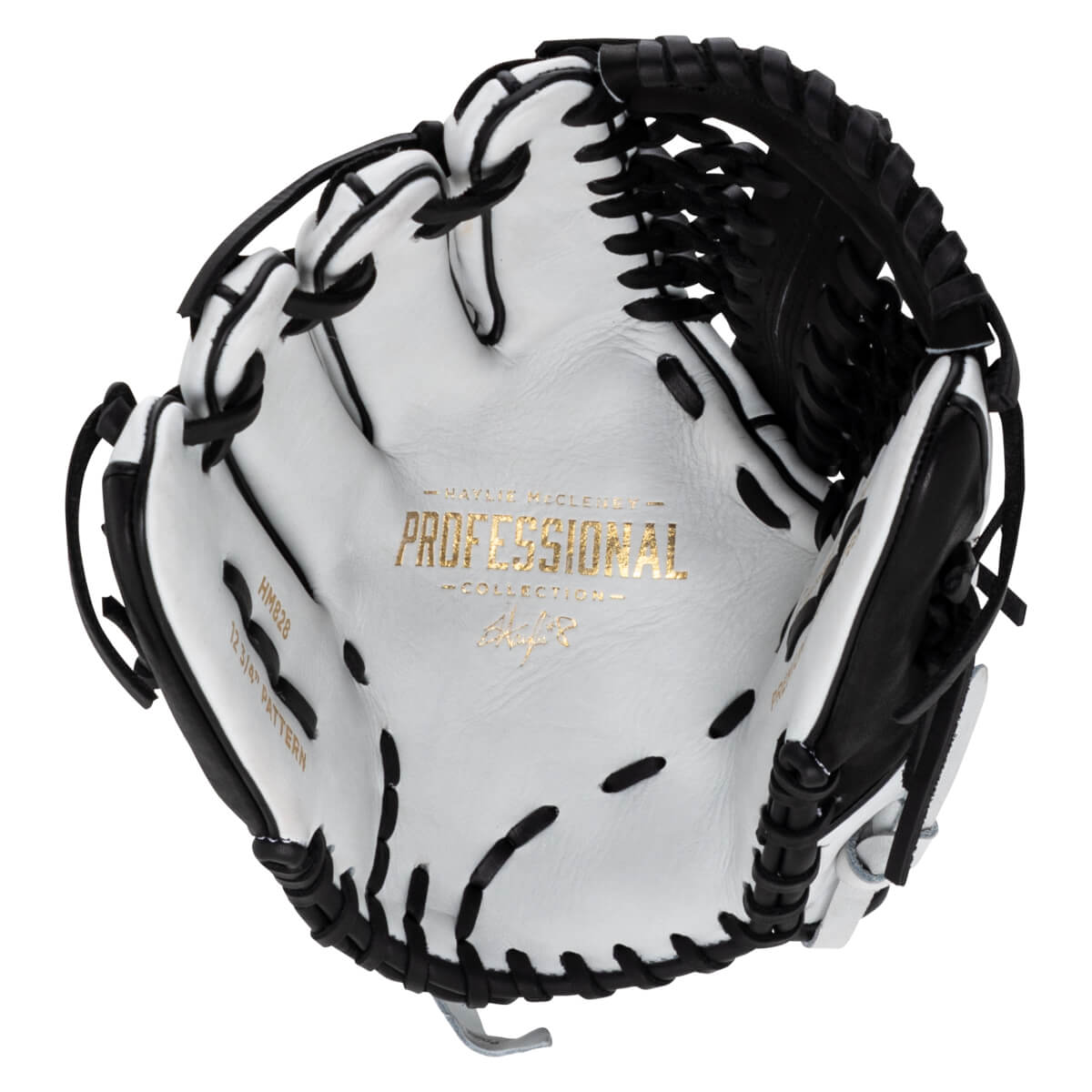 Palm-side view of a white leather softball glove with black lacing and gold foil "HAYLIE MCCLENEY PROFESSIONAL COLLECTION" text stamped in the center pocket.