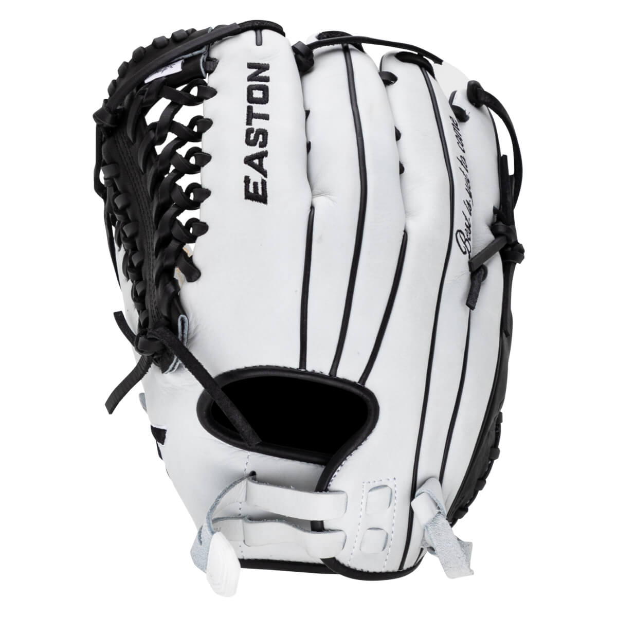 Back view of a white softball glove with black lacing, featuring a vertical EASTON logo and script text reading “Best is yet to come” along the outer finger.