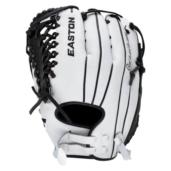 Back view of a white softball glove with black lacing, featuring a vertical EASTON logo and script text reading “Best is yet to come” along the outer finger.