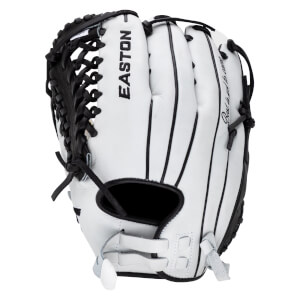Back view of a white softball glove with black lacing, featuring a vertical EASTON logo and script text reading “Best is yet to come” along the outer finger.