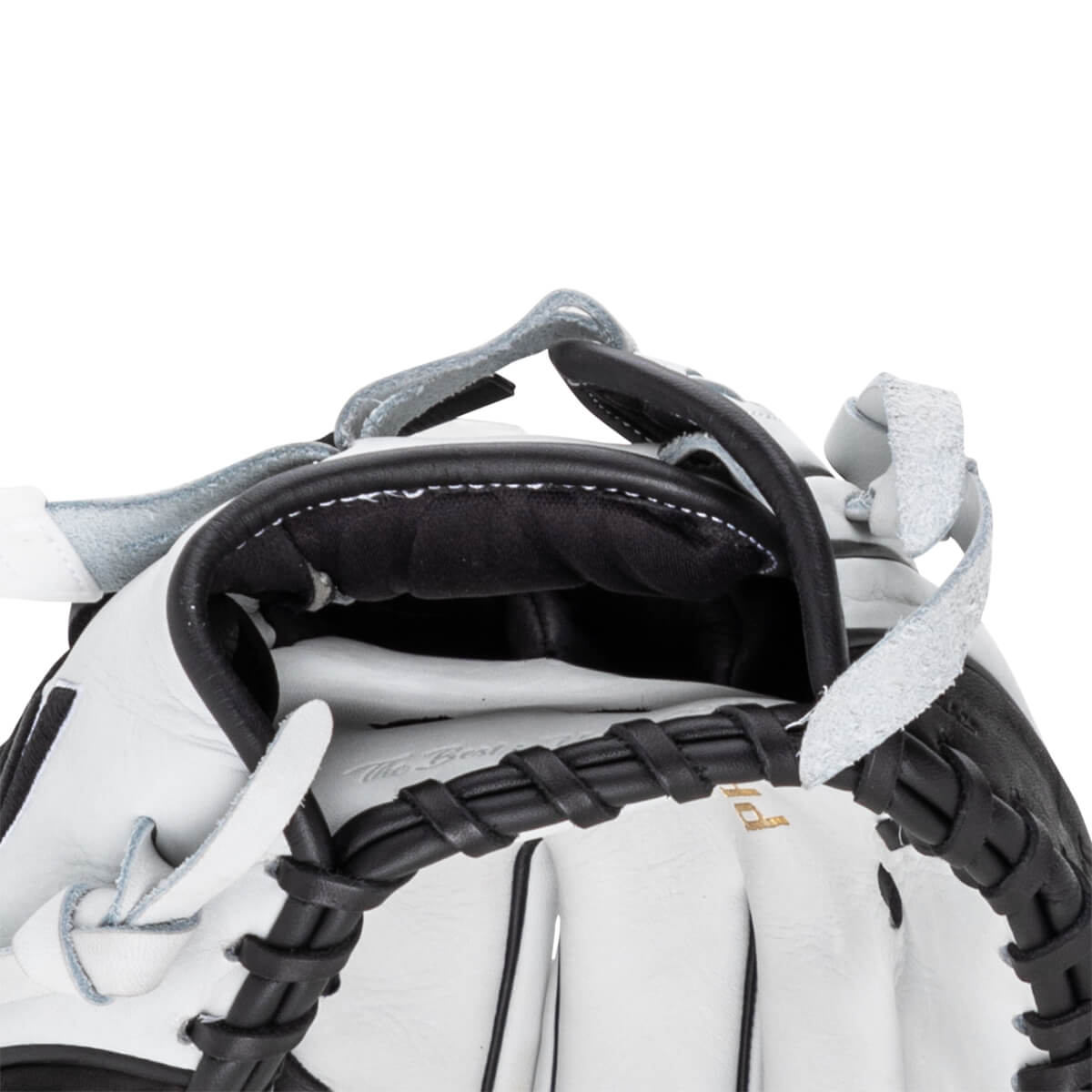 Close-up of the hand opening featuring a black padded lining, white leather shell, and black rawhide lacing with "The Best" embossed inside.