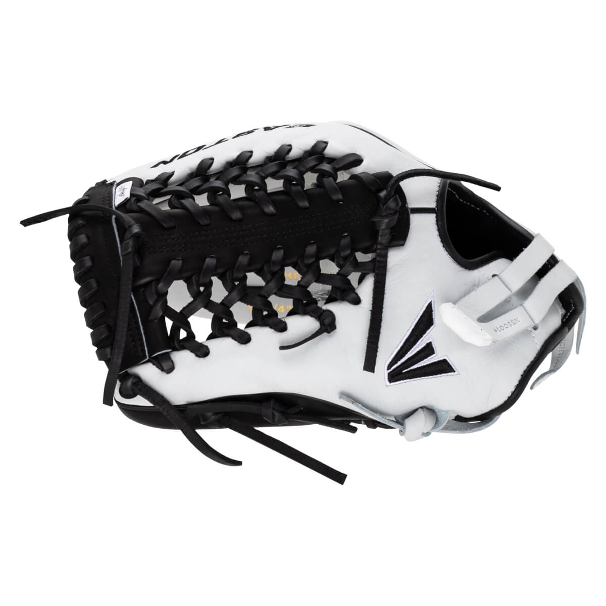 Back view of a white and black softball glove featuring cross-laced webbing, the Easton logo, and the words "EASTON", "LOOSEN", and "TIGHTEN" on its surface.