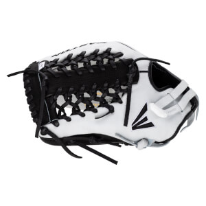Back view of a white and black softball glove featuring cross-laced webbing, the Easton logo, and the words "EASTON", "LOOSEN", and "TIGHTEN" on its surface.