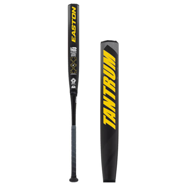 Side view of a black softball bat with yellow Easton branding and a close-up of its barrel featuring yellow Tantrum text.