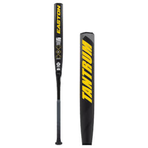 Side view of a black softball bat with yellow Easton branding and a close-up of its barrel featuring yellow Tantrum text.