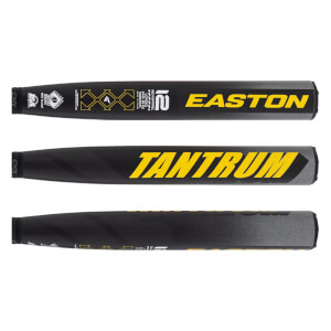 Three-panel view of a black softball bat with yellow Easton and Tantrum branding, and a grey textured grip section.